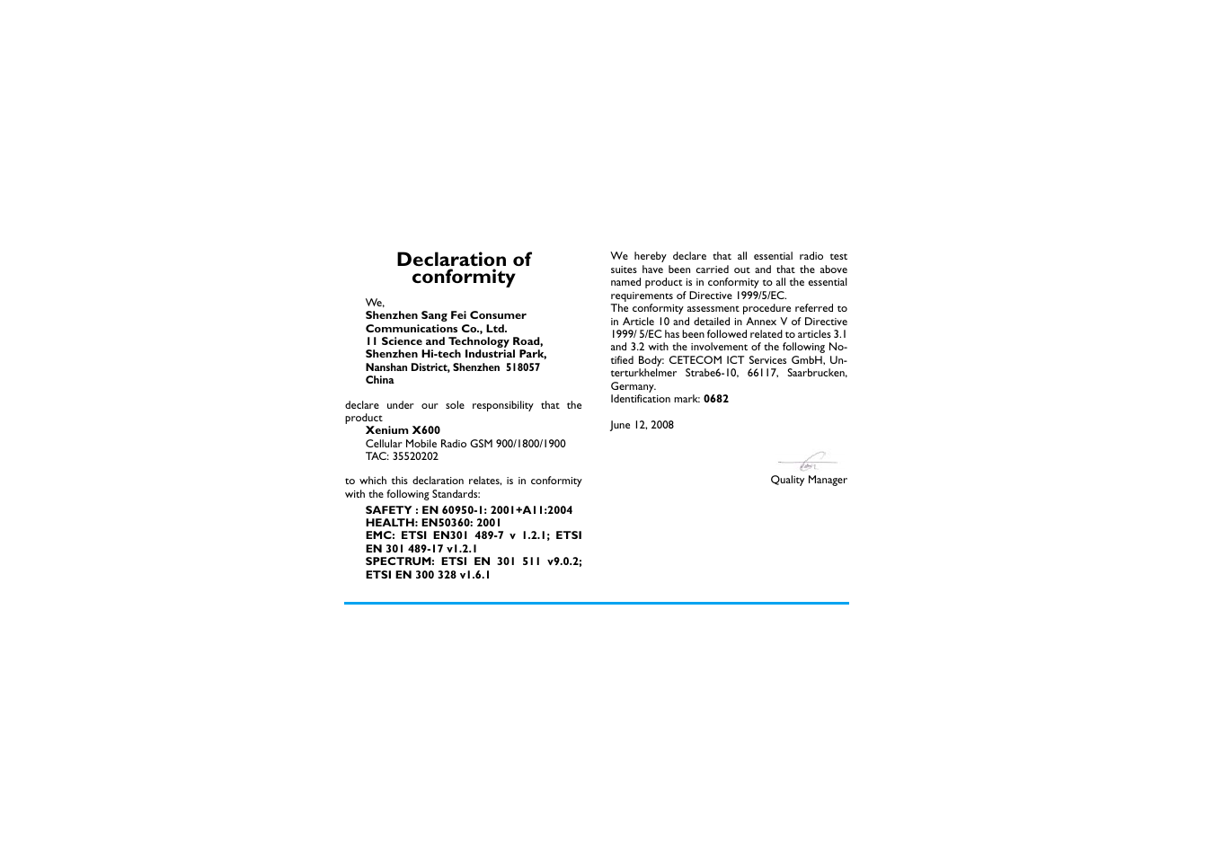 Declaration of conformity | Philips X600 User Manual | Page 91 / 91