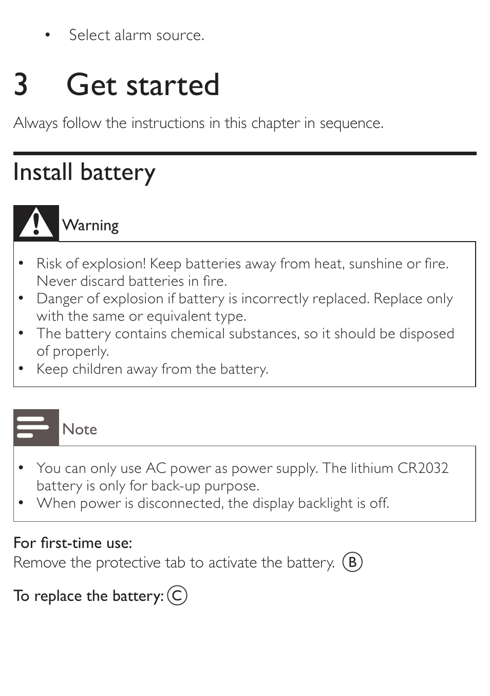 3 get started, Install battery | Philips AJ3270D User Manual | Page 10 / 22