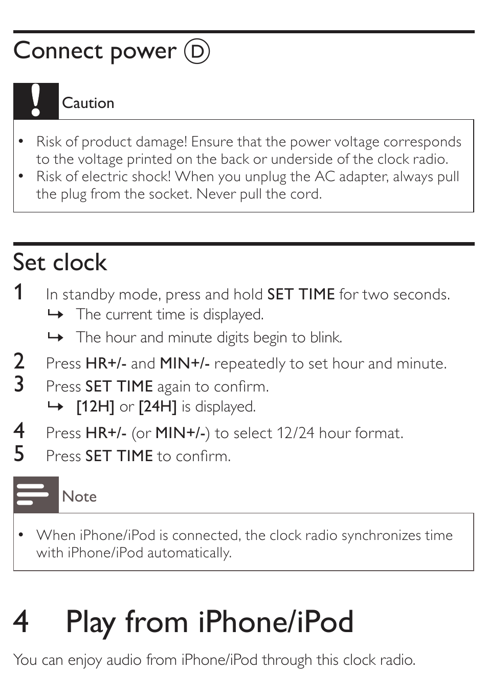 4 play from iphone/ipod, Connect power, Set clock | Philips AJ3270D User Manual | Page 11 / 22