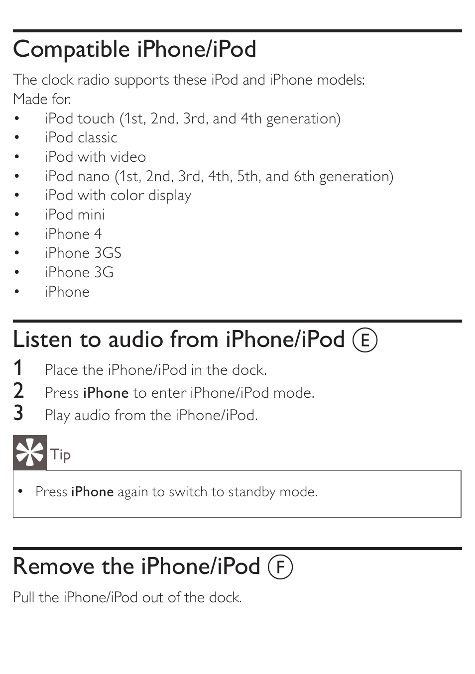 Compatible iphone/ipod, Listen to audio from iphone/ipod, Remove the iphone/ipod | Philips AJ3270D User Manual | Page 12 / 22