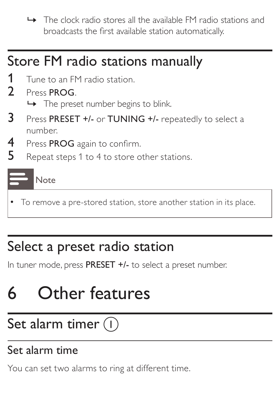 6 other features, Store fm radio stations manually, Select a preset radio station | Set alarm timer | Philips AJ3270D User Manual | Page 14 / 22