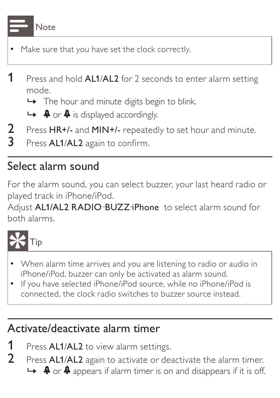 Select alarm sound, Activate/deactivate alarm timer | Philips AJ3270D User Manual | Page 15 / 22