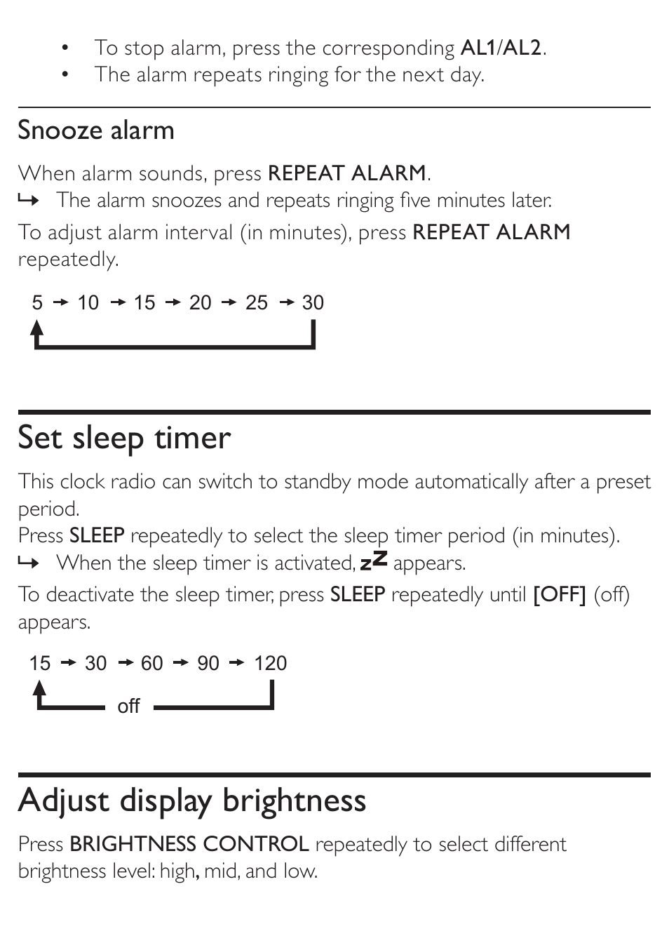 Set sleep timer, Adjust display brightness | Philips AJ3270D User Manual | Page 16 / 22