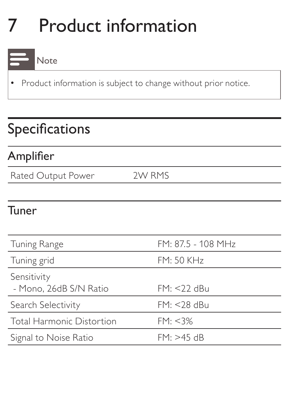 7 product information, Specifi cations | Philips AJ3270D User Manual | Page 17 / 22