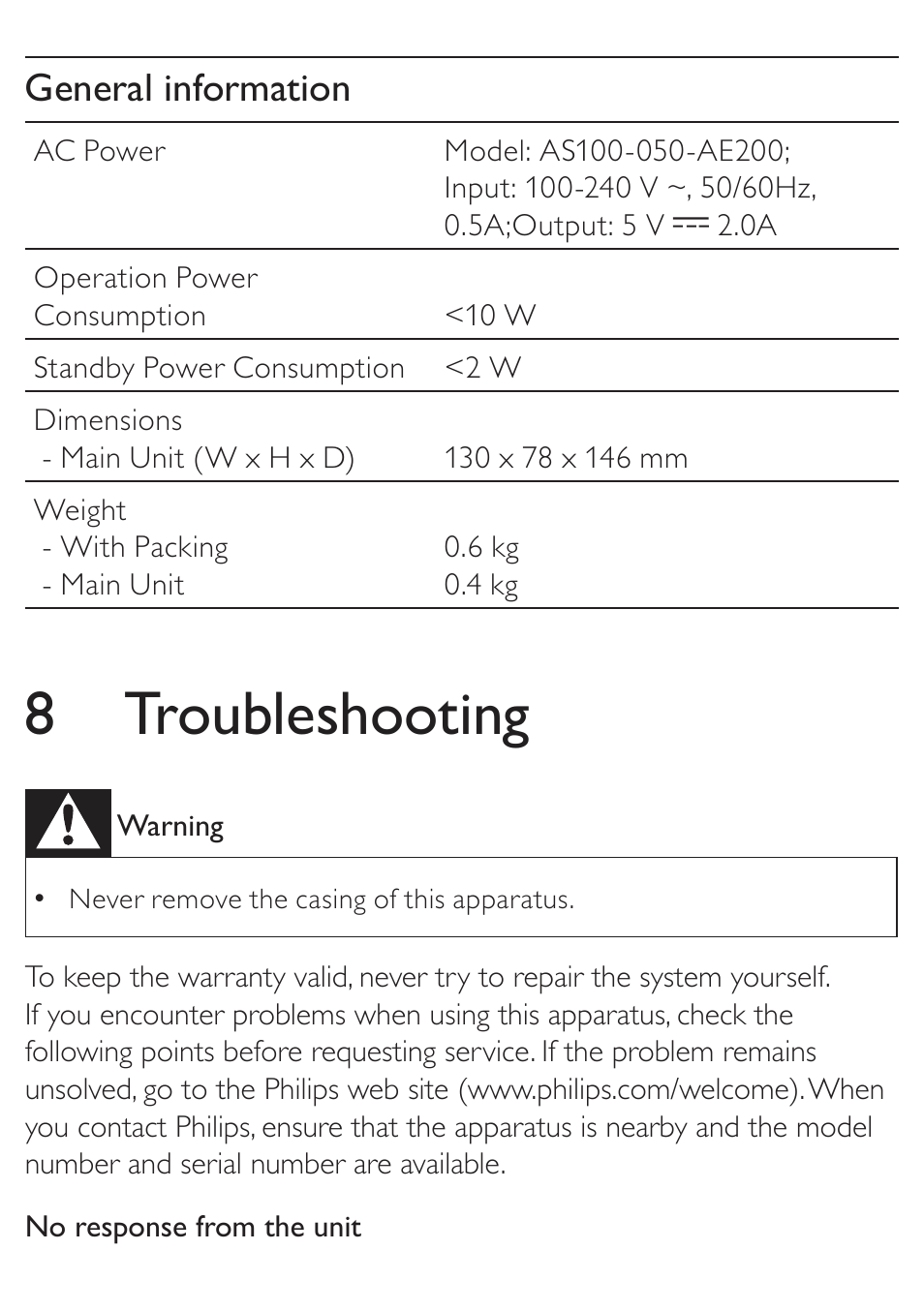 8 troubleshooting, General information | Philips AJ3270D User Manual | Page 18 / 22