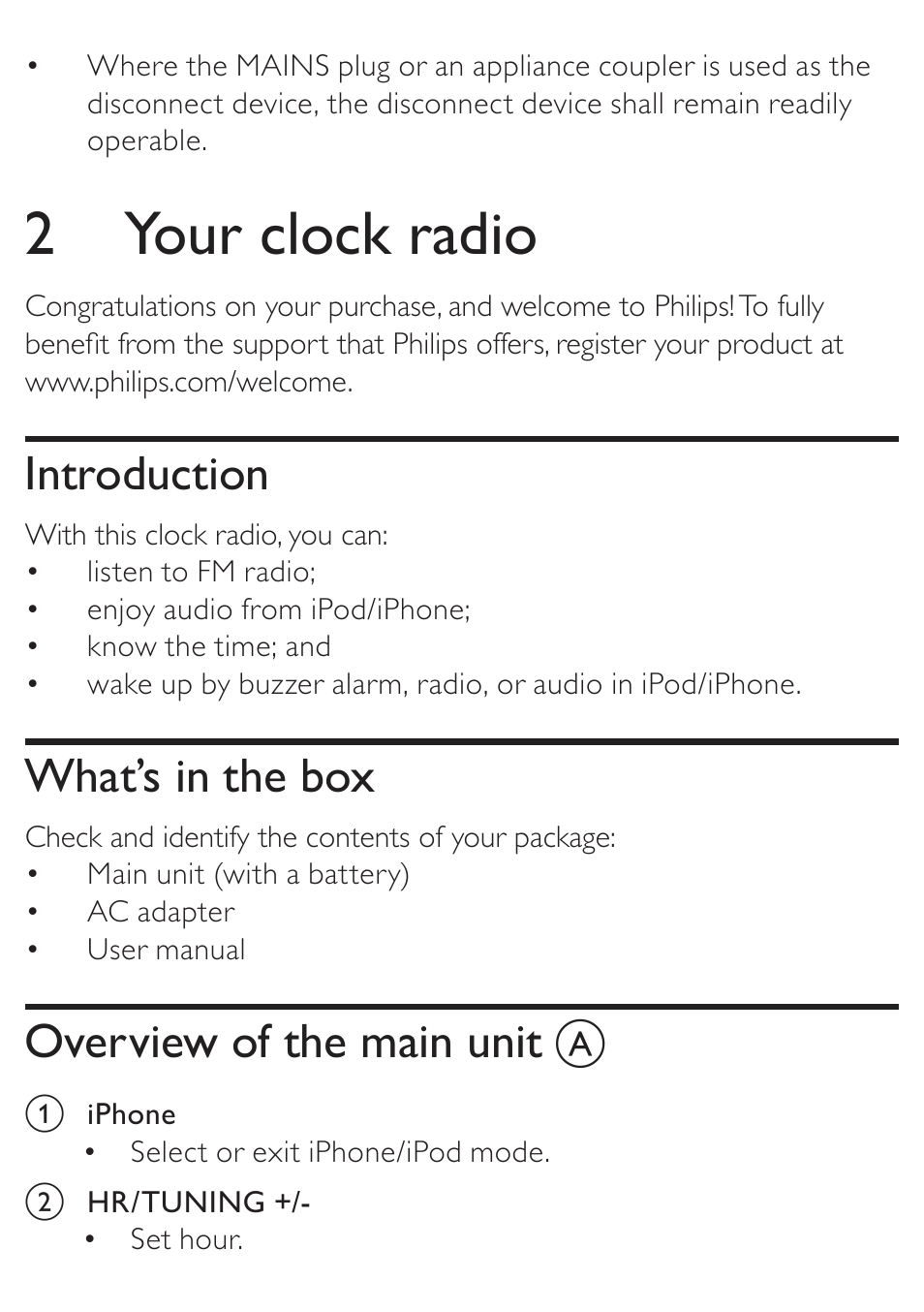 2 your clock radio, Introduction, What’s in the box | Overview of the main unit | Philips AJ3270D User Manual | Page 8 / 22