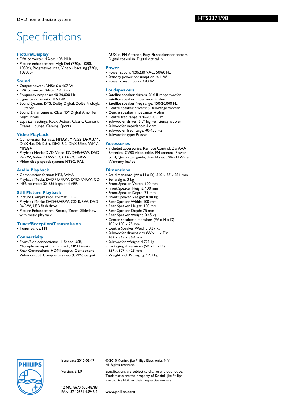 Specifications | Philips HTS3371 User Manual | Page 3 / 3