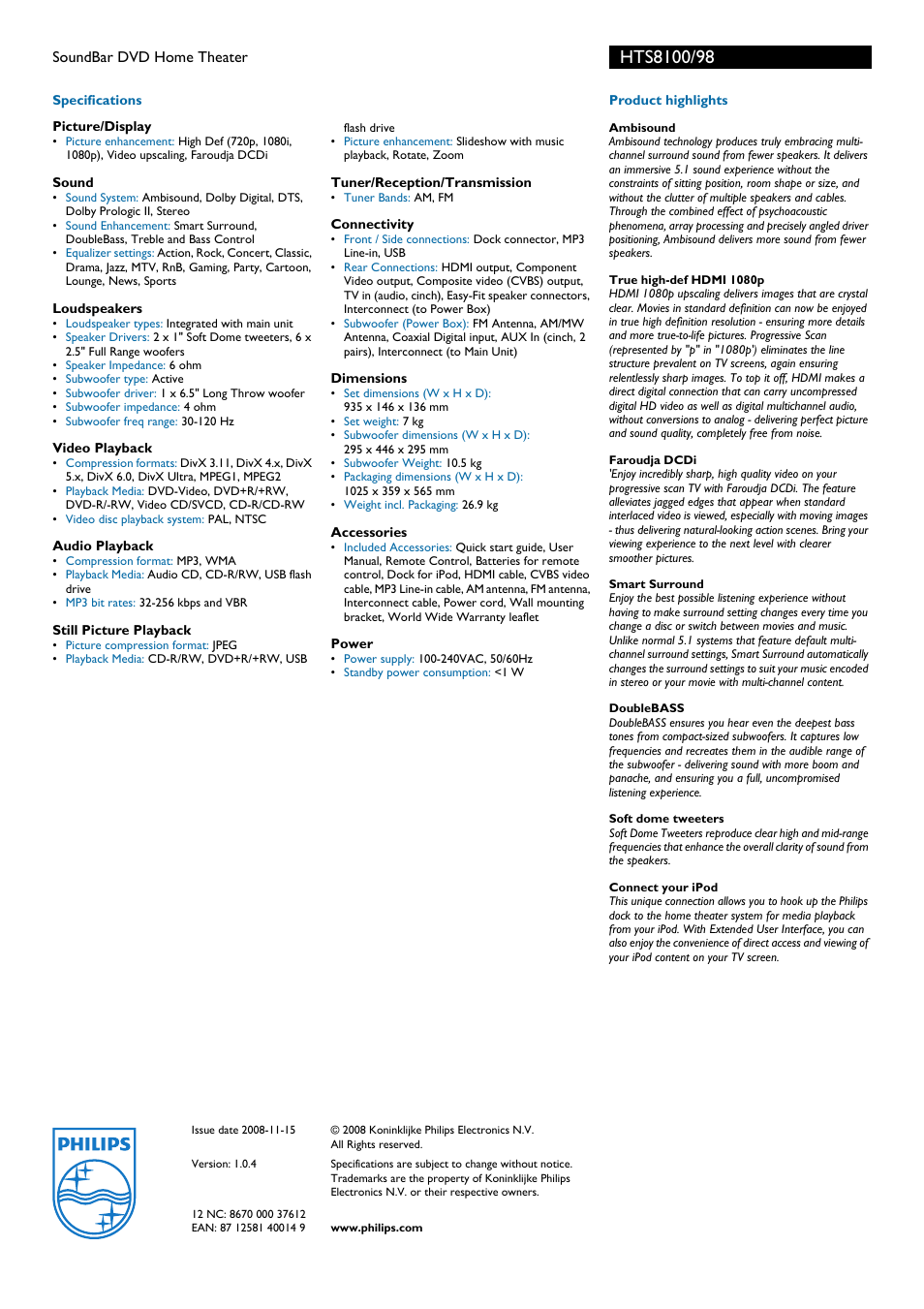 Philips HTS8100 User Manual | Page 2 / 2