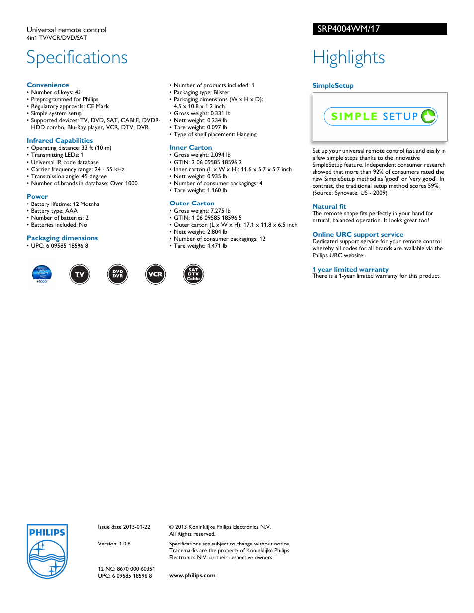 Specifications, Highlights | Philips SRP4004WM/17 User Manual | Page 2 / 2