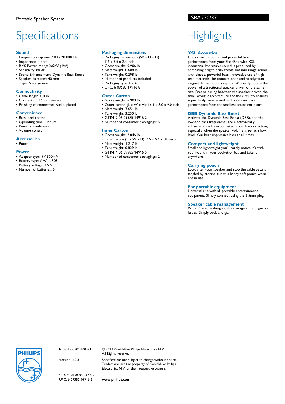 Specifications, Highlights | Philips SBA230 User Manual | Page 2 / 2