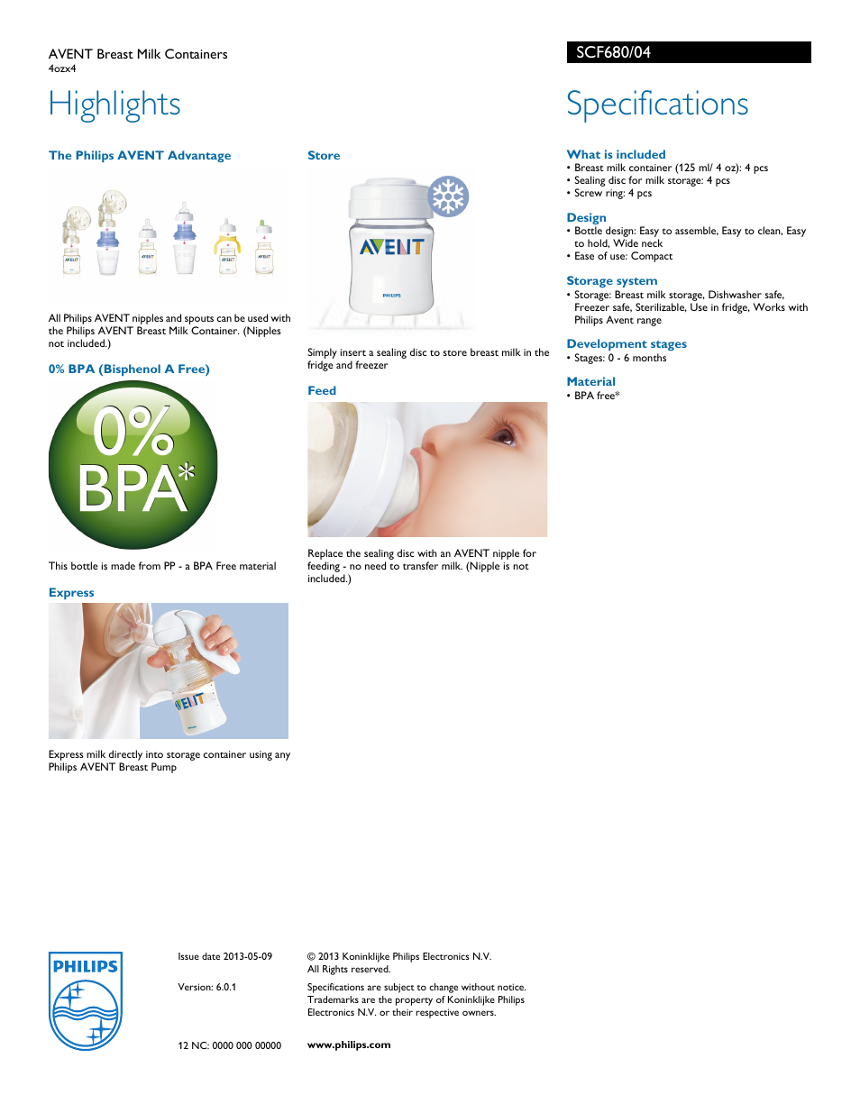 Highlights, Specifications | Philips Avent SCF680/04 User Manual | Page 2 / 2