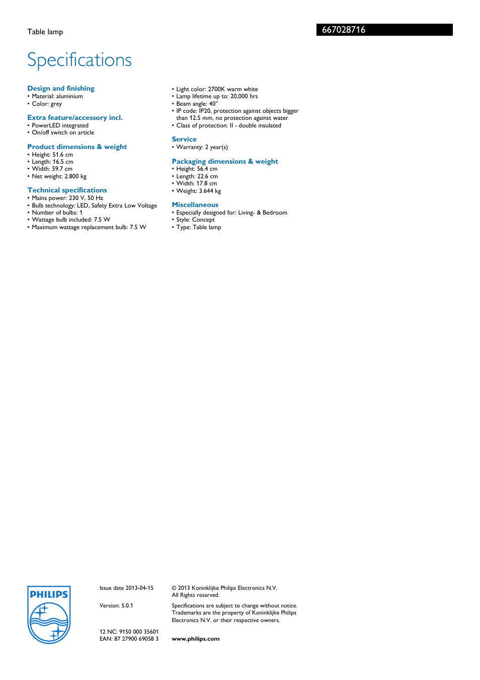 Specifications | Philips 66702/87/16 User Manual | Page 2 / 2