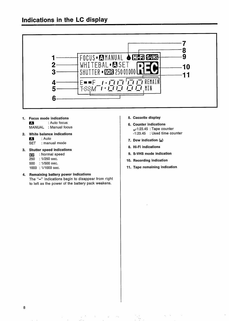 Indications in the lc display, Hi-fils-vhs, E--f | I . m u ' u u rehaill i • t 1 1 i i ( u | Philips VKR 9010 User Manual | Page 10 / 42