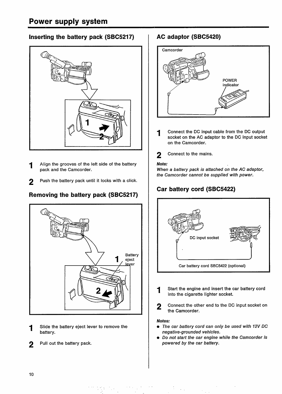 Power supply system, Inserting the battery pack (sbc5217), Removing the battery pack (sbc5217) | Car battery cord (sbc5422), Power suppiy system | Philips VKR 9010 User Manual | Page 12 / 42