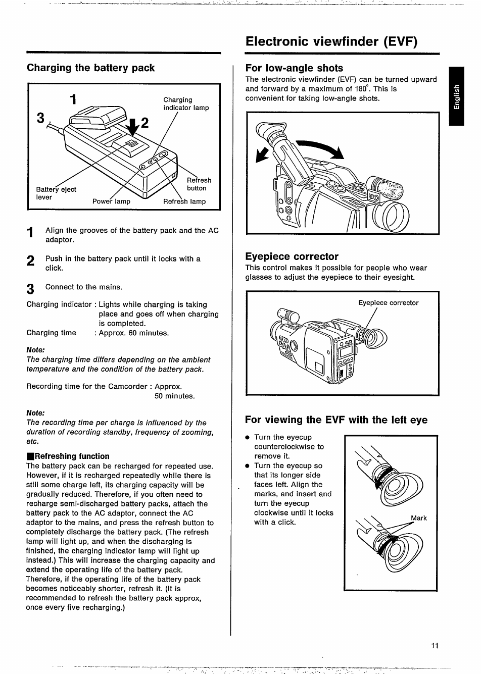 Charging the battery pack, Electronic viewfinder (evf), For low-angle shots | Eyepiece corrector | Philips VKR 9010 User Manual | Page 13 / 42