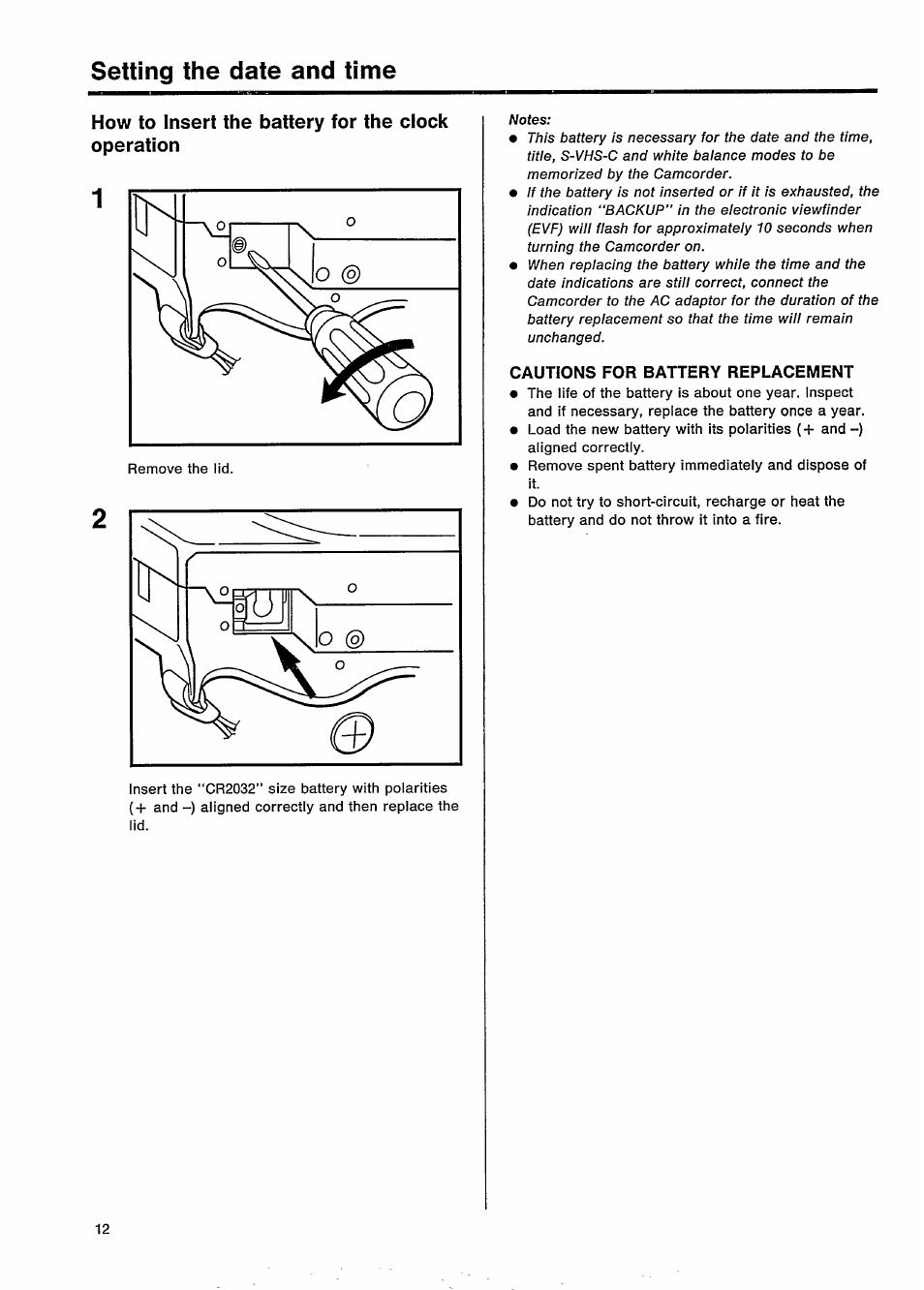 Setting the date and time, How to insert the battery for the clock operation, Cautions for battery replacement | Philips VKR 9010 User Manual | Page 14 / 42