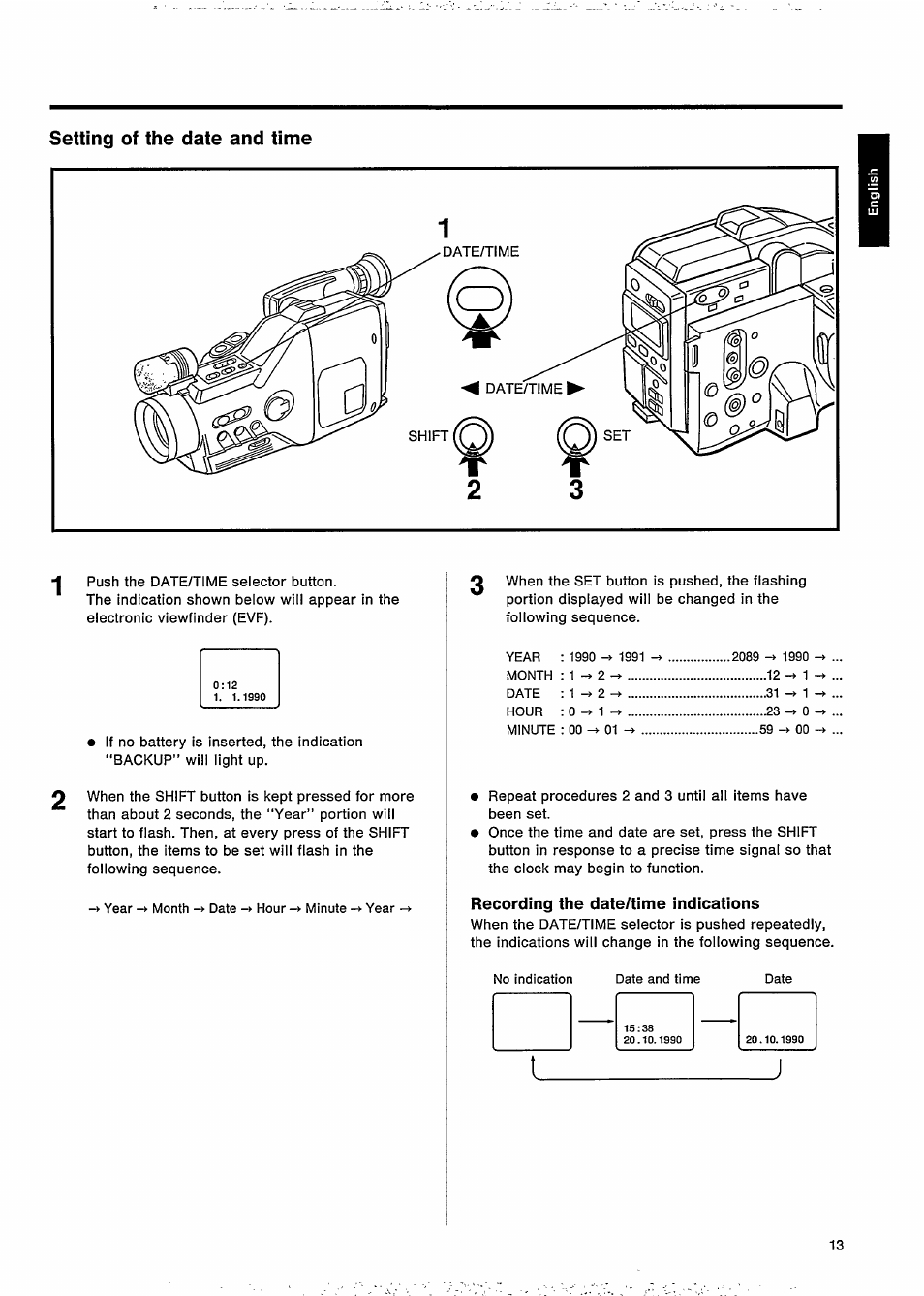 Setting of the date and time, Recording the date/time indications | Philips VKR 9010 User Manual | Page 15 / 42