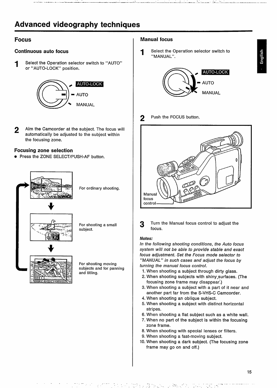 Advanced videography techniques, Focusing zone seiection, Manual focus | Philips VKR 9010 User Manual | Page 17 / 42