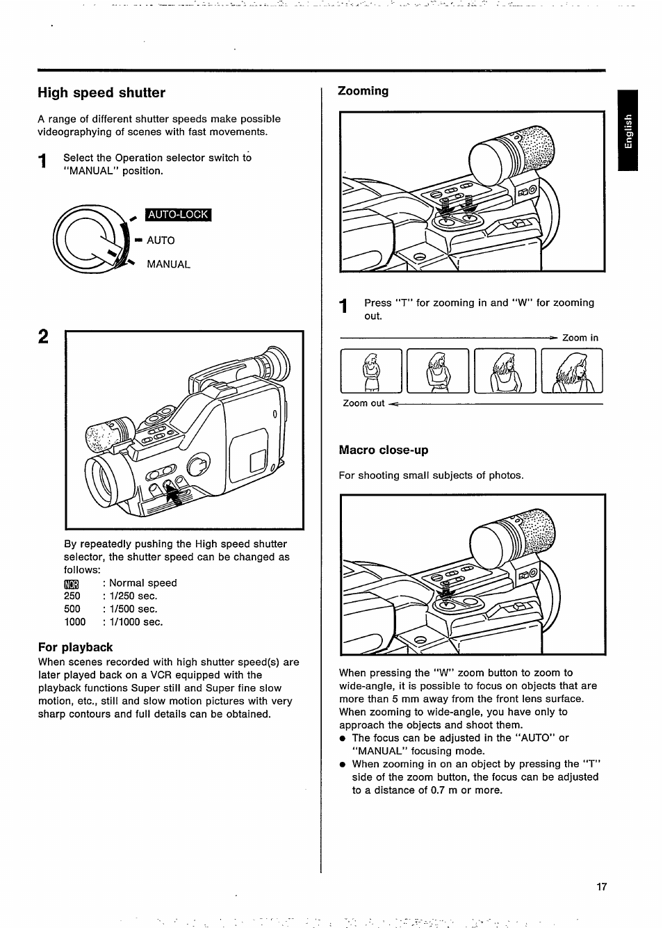 High speed shutter, For playback, Zooming | Macro close-up | Philips VKR 9010 User Manual | Page 19 / 42