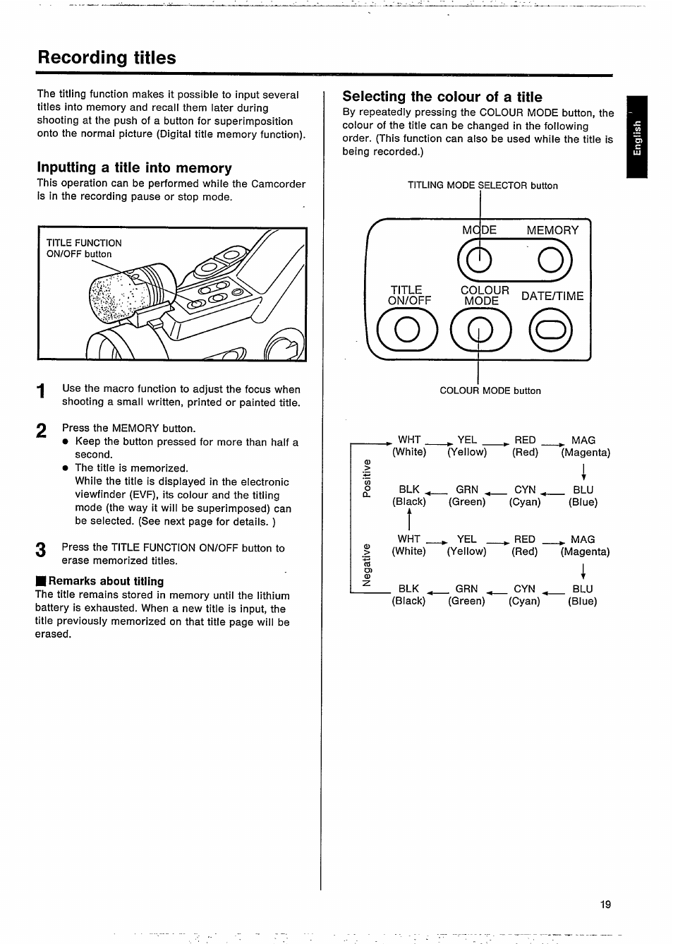 Recording titles, Inputting a title into memory, Selecting the colour of a title | Philips VKR 9010 User Manual | Page 21 / 42