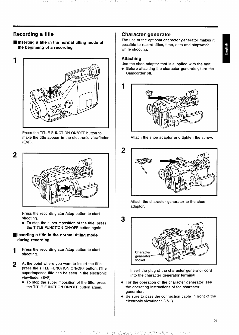 Recording a title, Character generator, Attaching | Philips VKR 9010 User Manual | Page 23 / 42