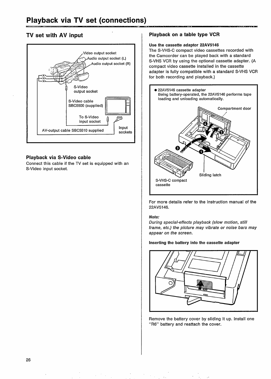 Playback via tv set (connections), Tv set with av input, Playback via s-video cable | Playback on a table type vcr | Philips VKR 9010 User Manual | Page 28 / 42