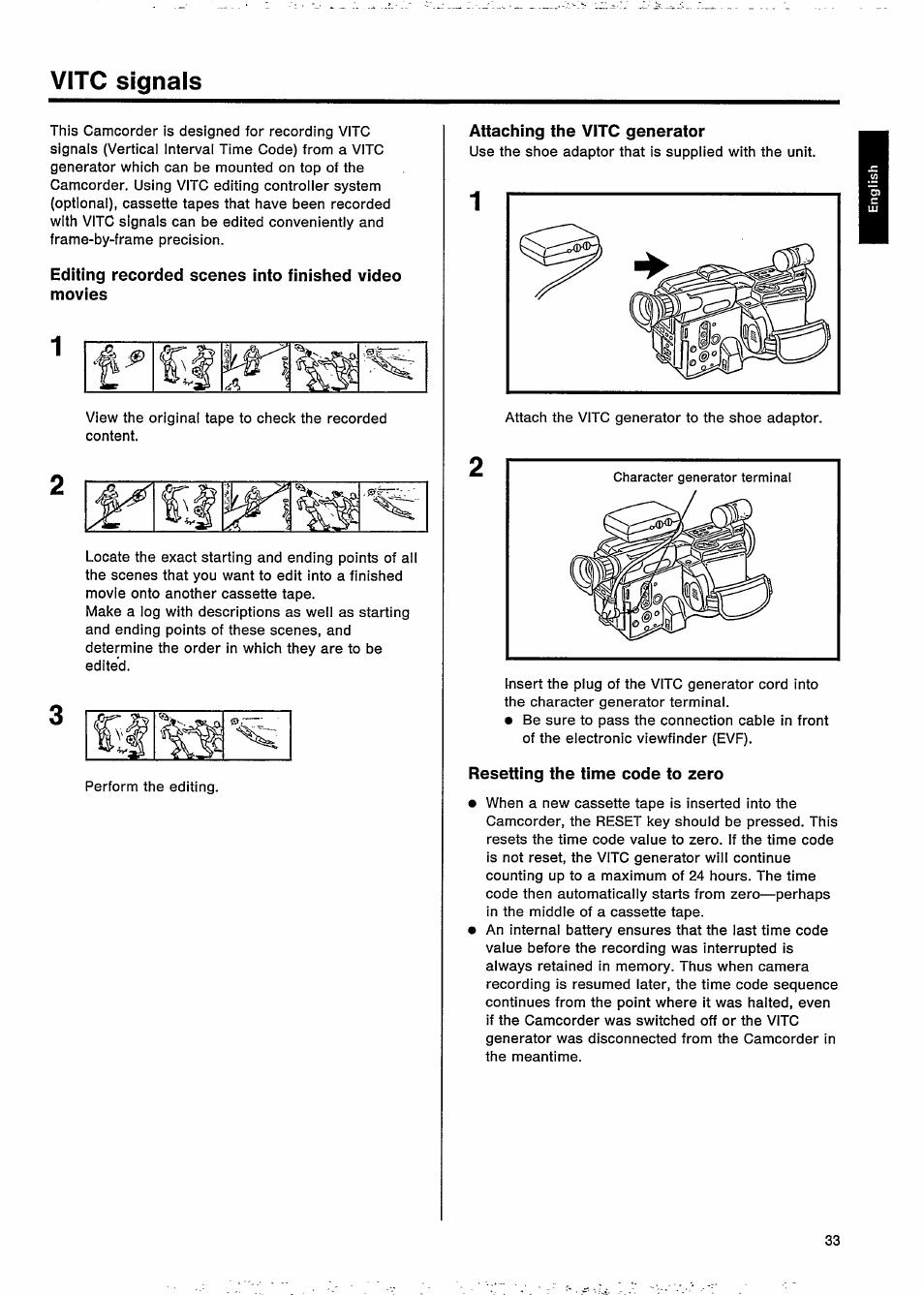 Vitc signals, Editing recorded scenes into finished video movies, Attaching the vitc generator | Resetting the time code to zero | Philips VKR 9010 User Manual | Page 35 / 42