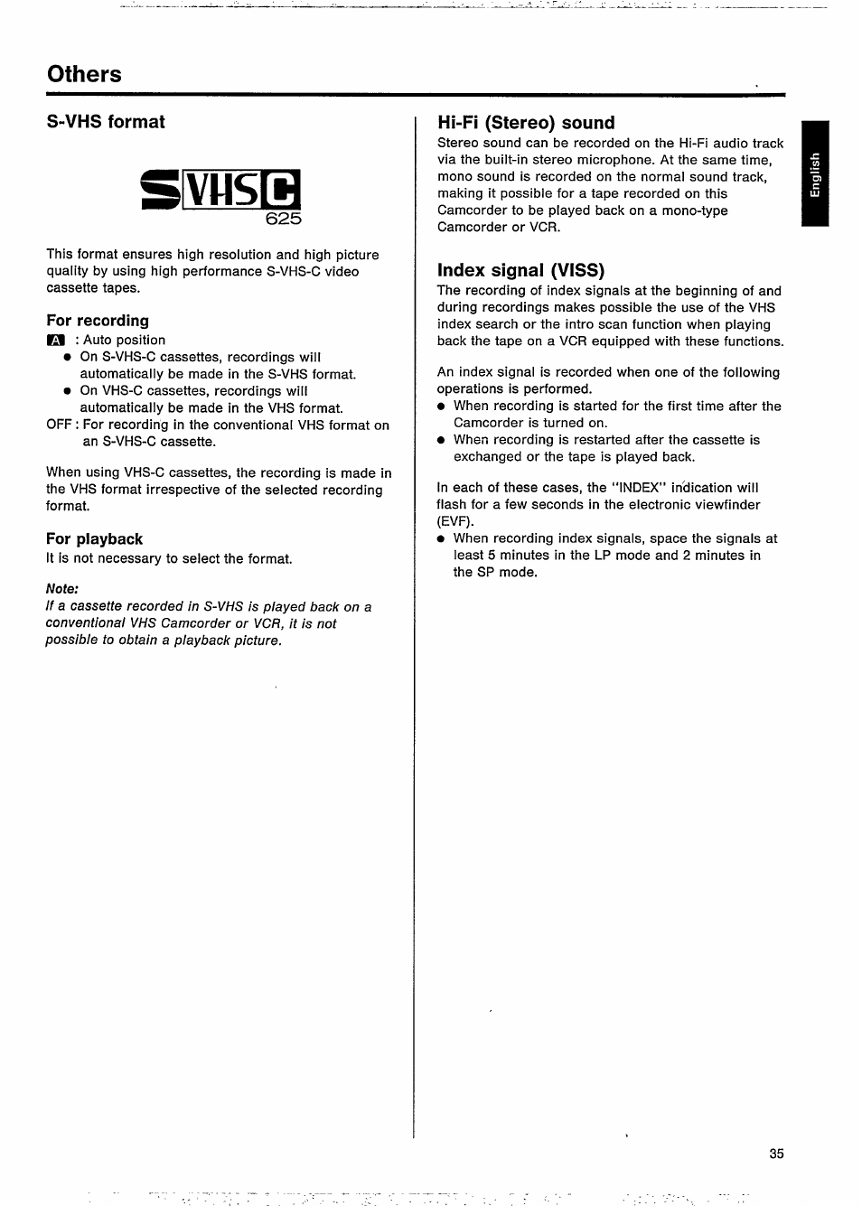 S-vhs format, For recording, For playback | Hi-fi (stereo) sound, Index signal (viss), Others | Philips VKR 9010 User Manual | Page 37 / 42