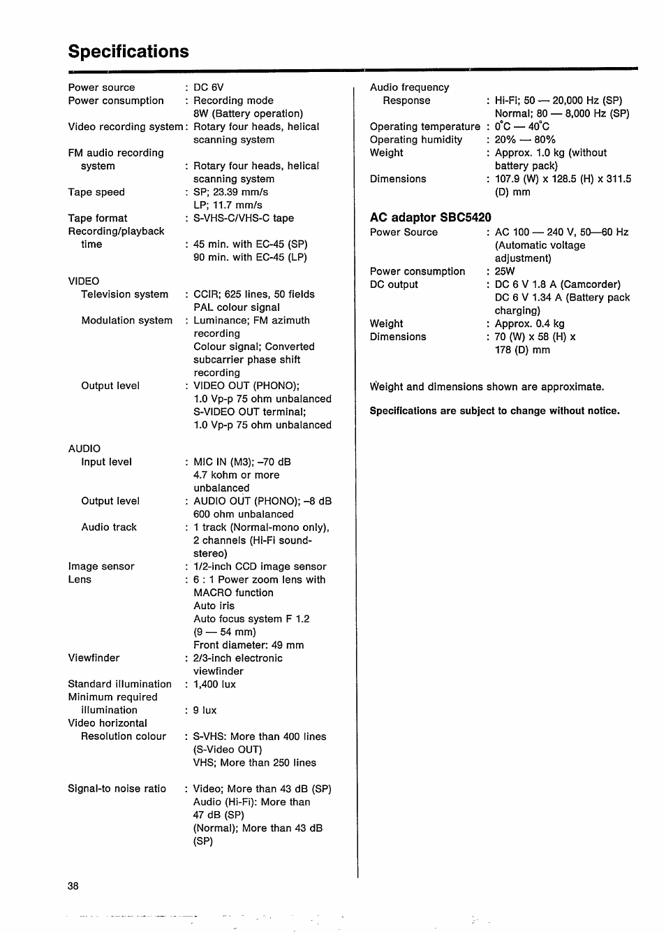 Specifications, Ac adaptor sbc5420 | Philips VKR 9010 User Manual | Page 40 / 42