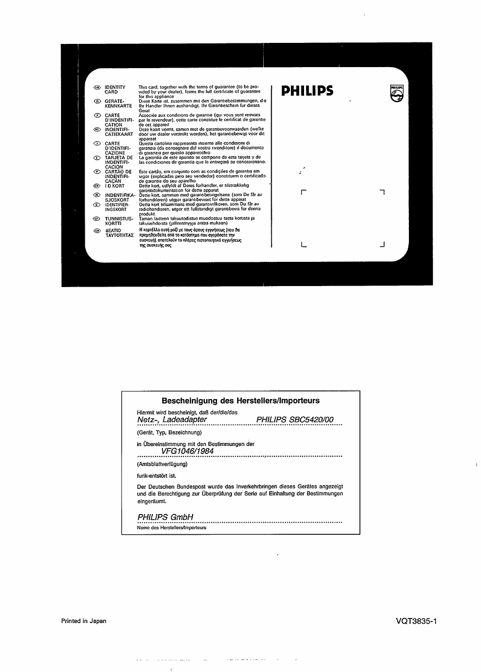 Philips, Lbescheinigung des hersteiiers/lmporteurs, Phjupsgmbh | Philips VKR 9010 User Manual | Page 42 / 42