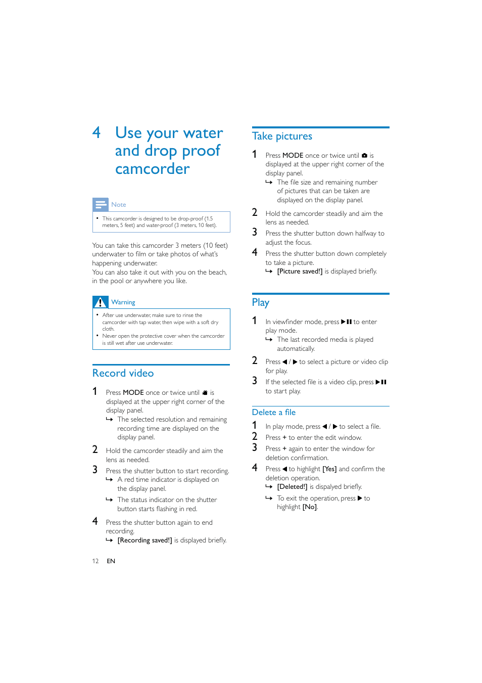 4 use your water and drop proof camcorder, Take pictures 1, Play 1 | Record video 1 | Philips CAM150 User Manual | Page 12 / 21