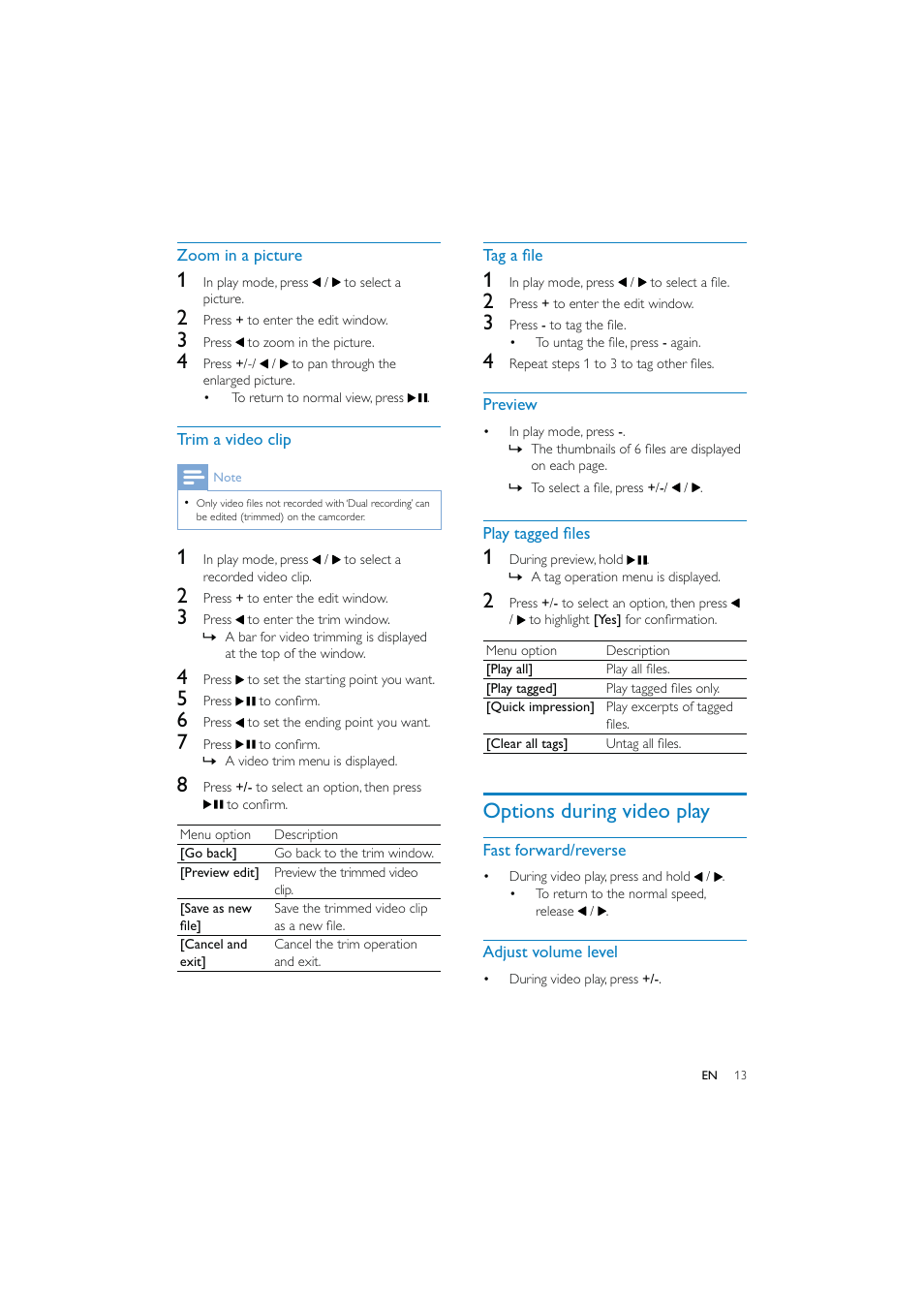 Options during video play | Philips CAM150 User Manual | Page 13 / 21