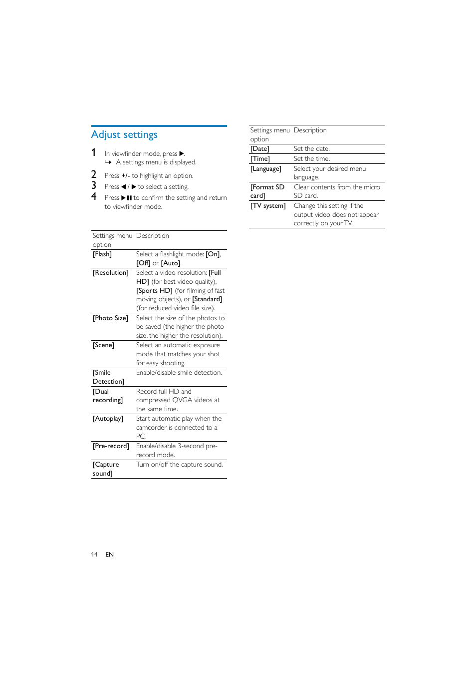 Adjust settings 1 | Philips CAM150 User Manual | Page 14 / 21