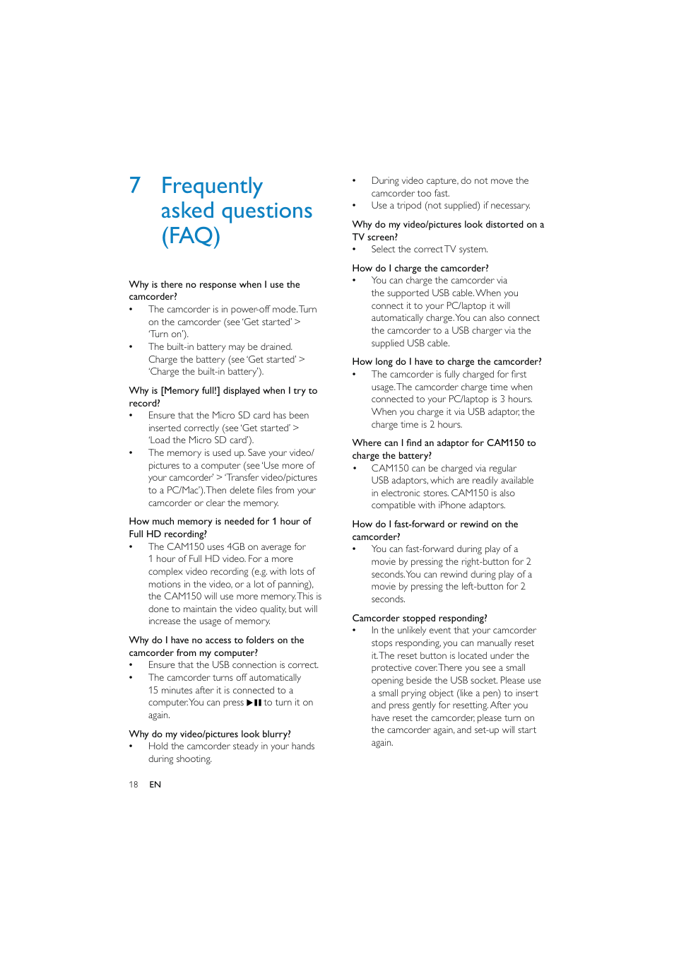 7 frequently asked questions (faq) | Philips CAM150 User Manual | Page 18 / 21