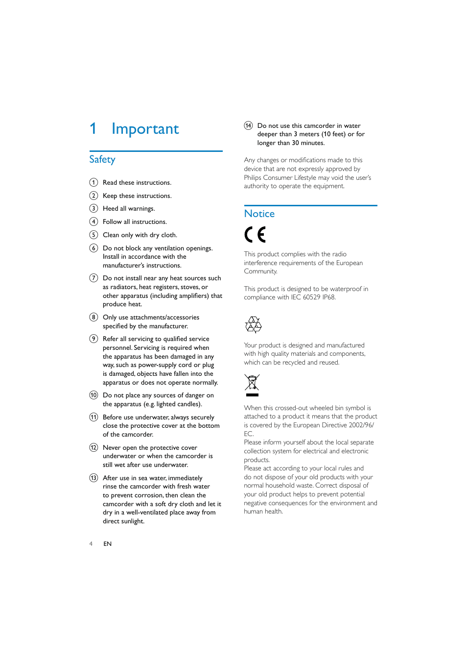 1 important | Philips CAM150 User Manual | Page 4 / 21