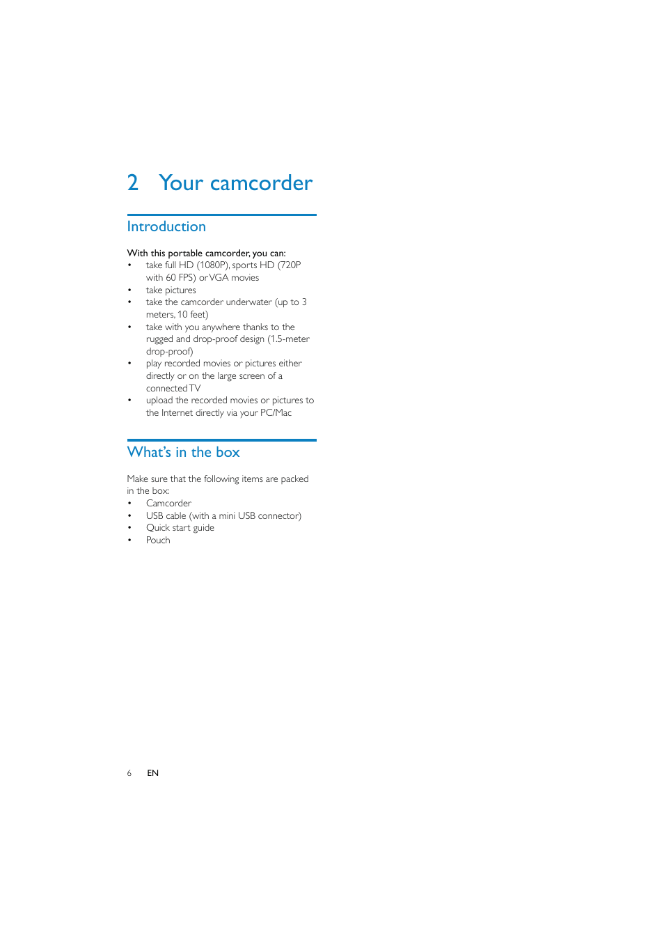 2 your camcorder, Introduction, What’s in the box | Philips CAM150 User Manual | Page 6 / 21