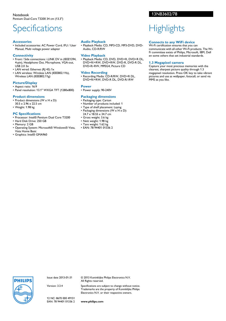 Specifications, Highlights | Philips 13NB3602 User Manual | Page 2 / 2