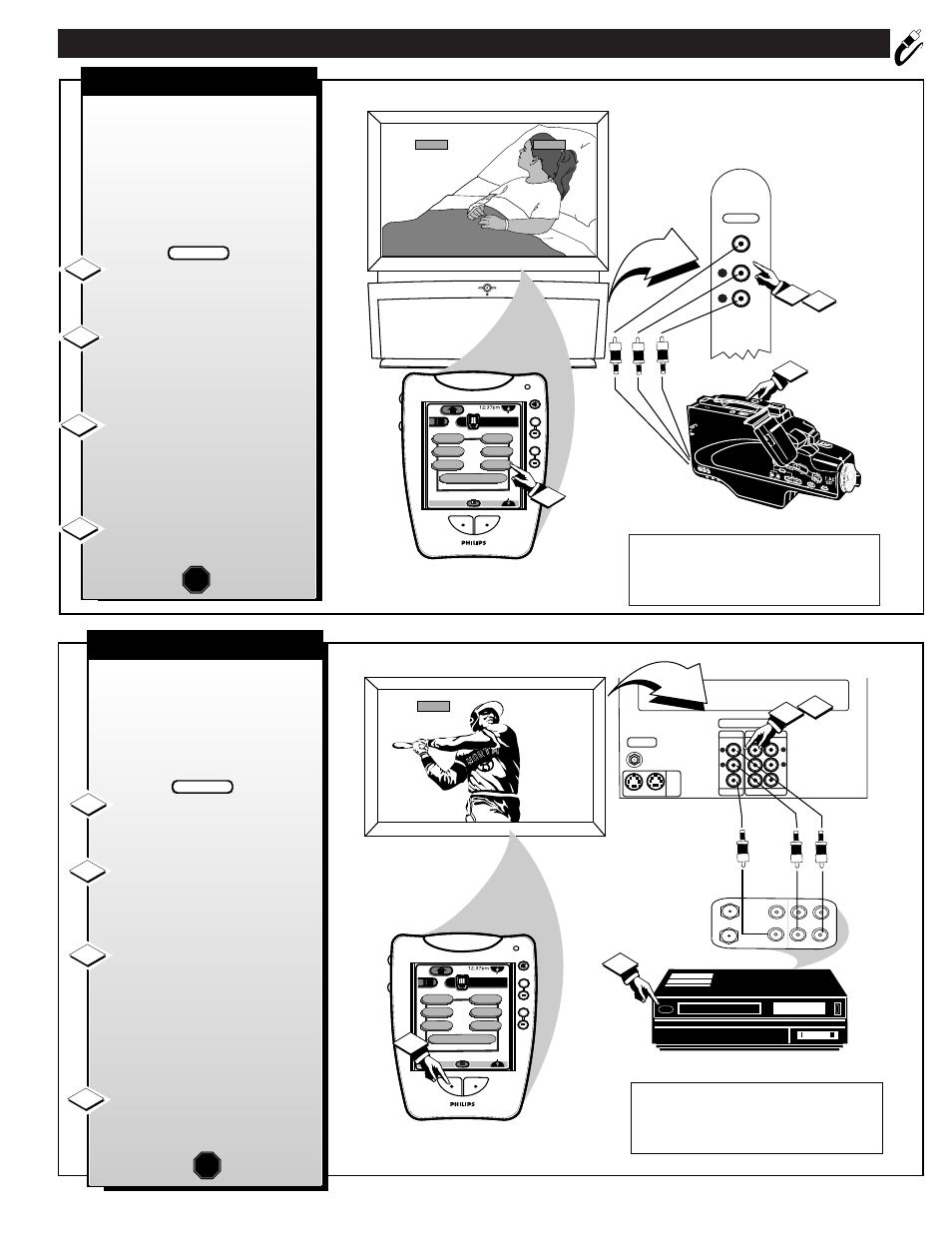 Ntsc a, Udio, Ideo | Nalog, Onnections, Aux 3 inputs, Stop, Audio/video outputs, Source exit up ch ch down + vol vol – m | Philips 64PH9905 User Manual | Page 31 / 58