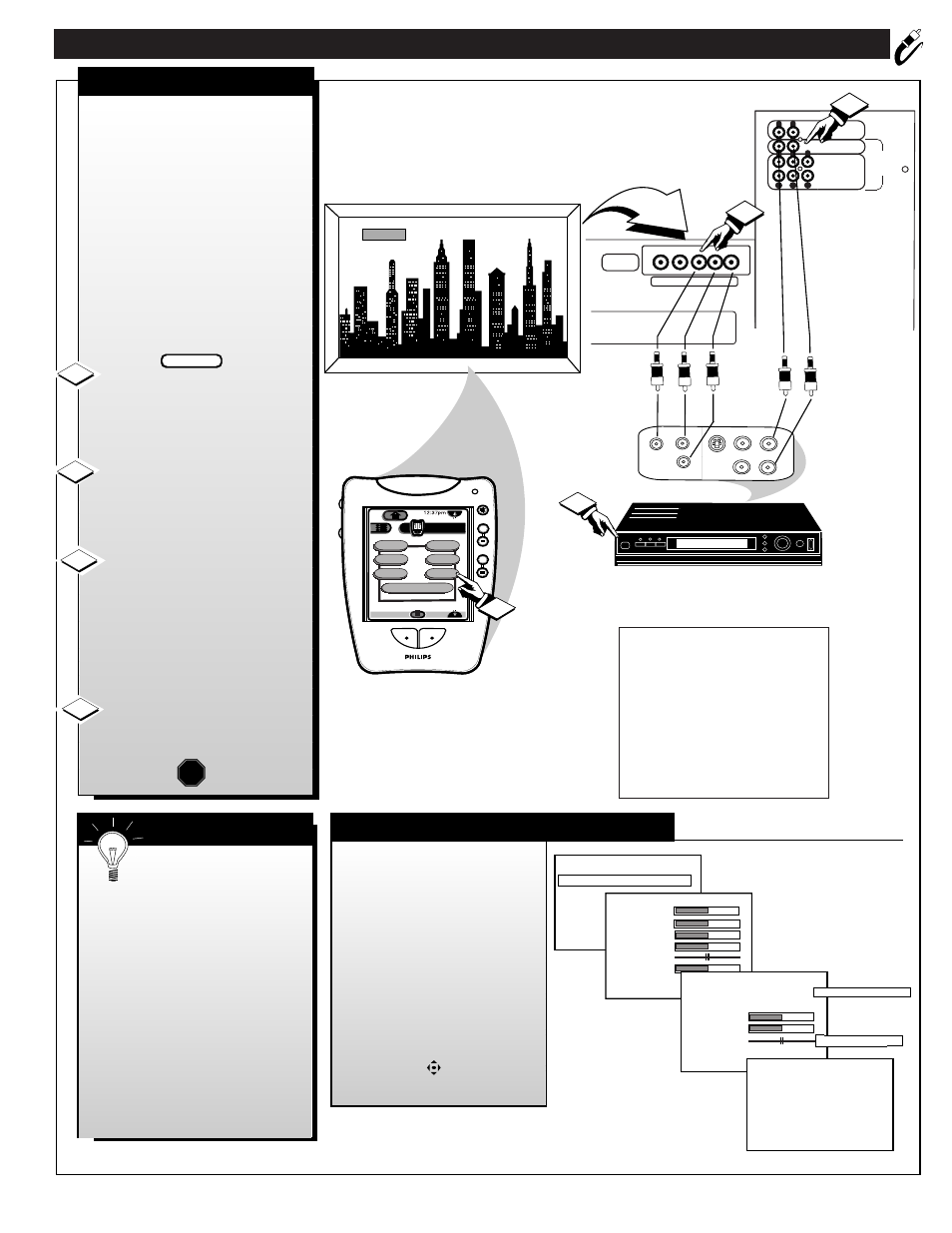 Dvd (c, Udio, Ideo | Omponent, Nput, Onnections, Dvd mode - menu functions, Component video inputs, Video out jacks from the dvd player to the (y p, Stop | Philips 64PH9905 User Manual | Page 33 / 58