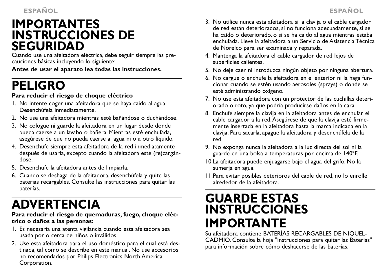 Guarde estas instrucciones importante, Importantes instrucciones de seguridad, Peligro | Advertencia | Philips 7617X User Manual | Page 10 / 19