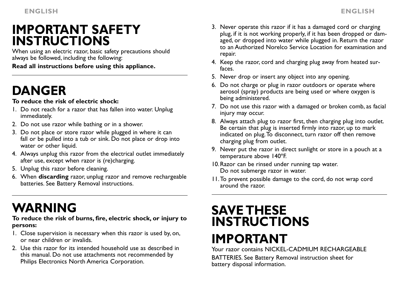 Save these instructions important, Important safety instructions, Danger | Warning | Philips 7617X User Manual | Page 2 / 19