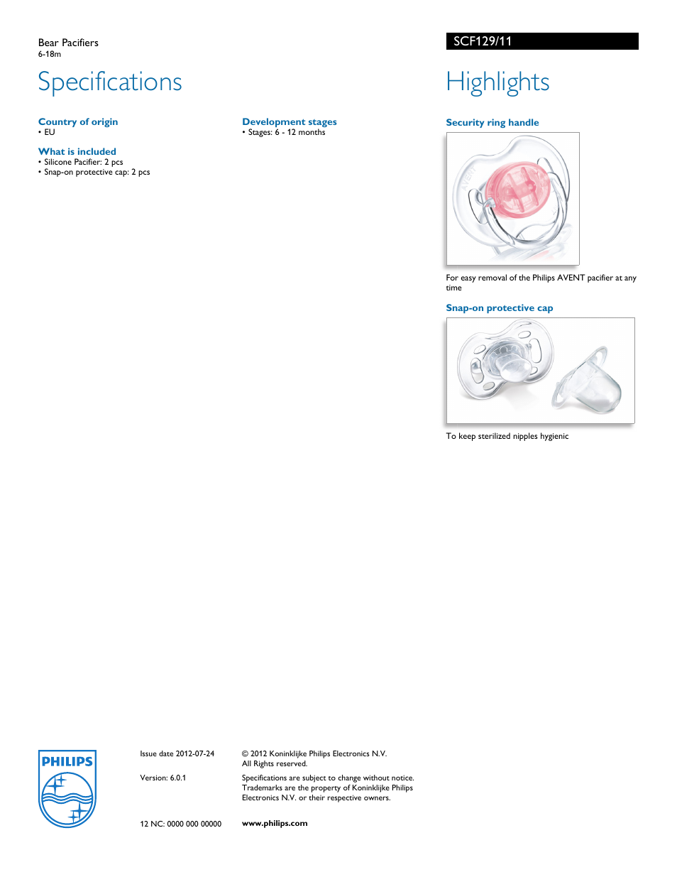 Specifications, Highlights | Philips Avent SCF129/11 User Manual | Page 2 / 2