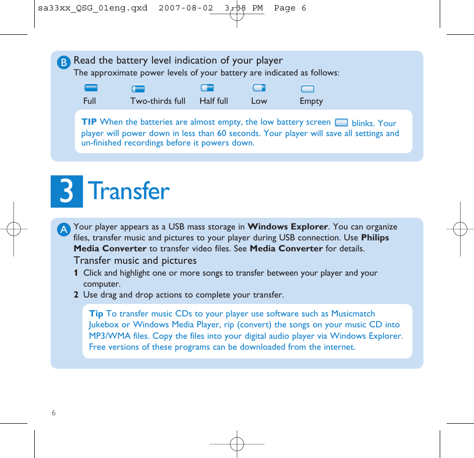 Read the battery level indic, Transfer, Transfer music and pictures | Read the battery level indication of your player | Philips SA3315 User Manual | Page 10 / 17