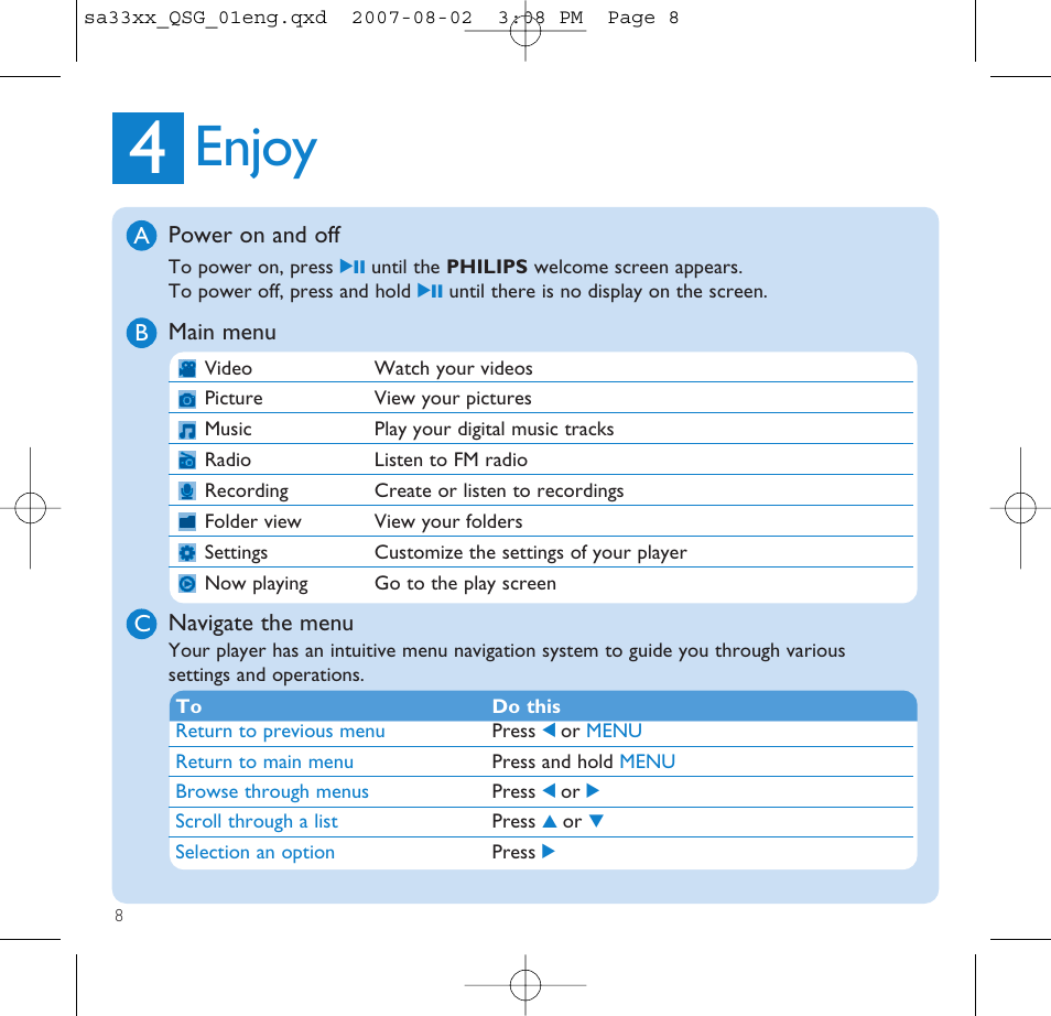 Enjoy, Power on and off, Main menu | Navigate the menu | Philips SA3315 User Manual | Page 12 / 17