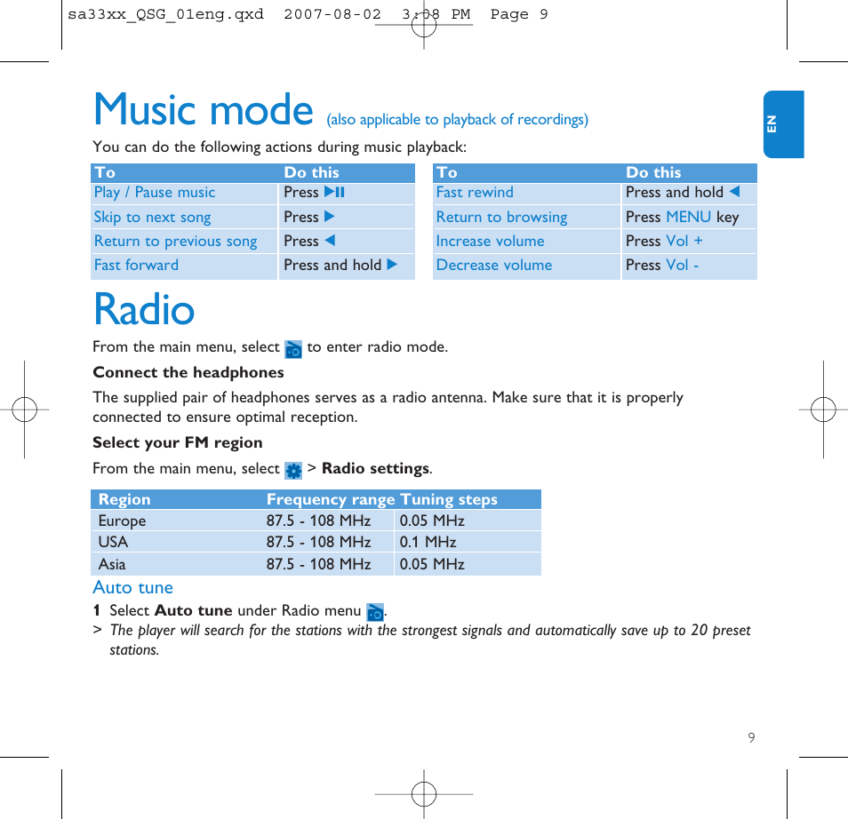 Music mode, Radio, Auto tune | Philips SA3315 User Manual | Page 13 / 17