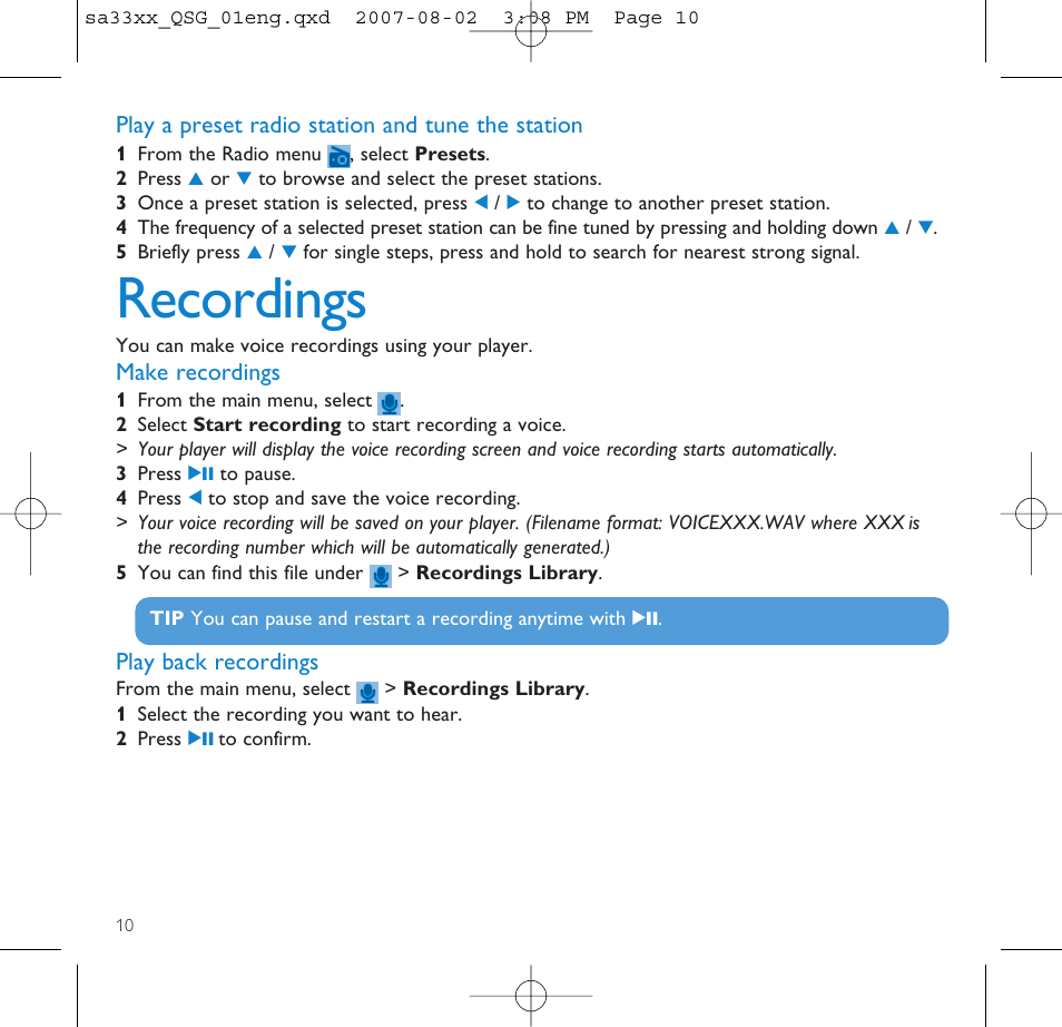 Play a preset radio station, Recordings, Make recordings | Play back recordings, Play a preset radio station and tune the station | Philips SA3315 User Manual | Page 14 / 17