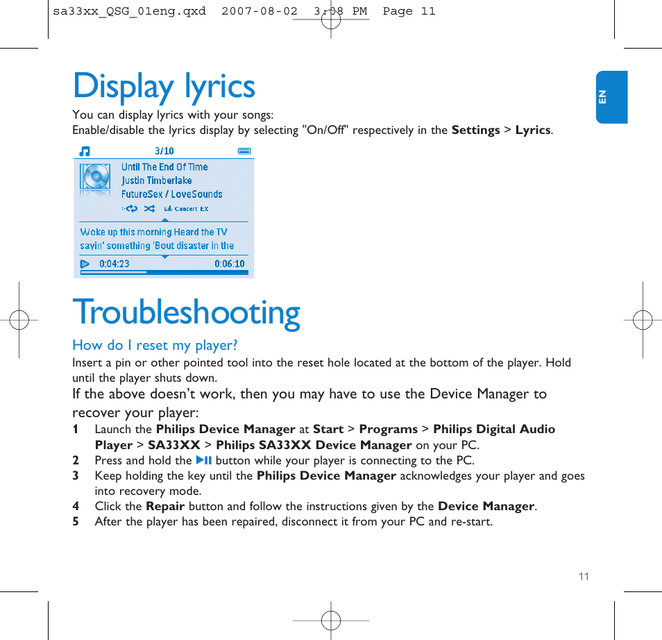 Display lyrics, Troubleshooting, How do i reset my player | Philips SA3315 User Manual | Page 15 / 17