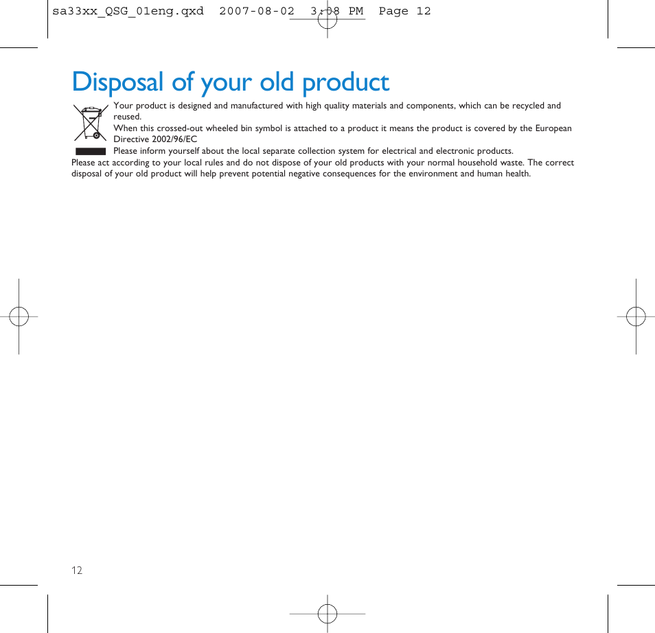 Disposal of your old product | Philips SA3315 User Manual | Page 16 / 17