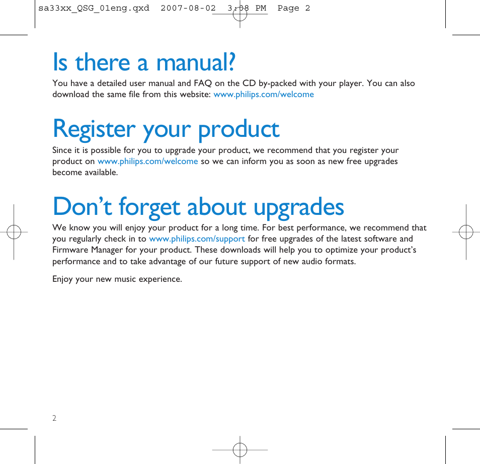 Is there a manual, Register your product, Don’t forget about upgrades | Philips SA3315 User Manual | Page 6 / 17