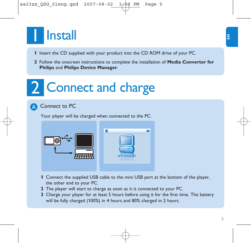 Install, Connect and charge, Connect to pc | Philips SA3315 User Manual | Page 9 / 17